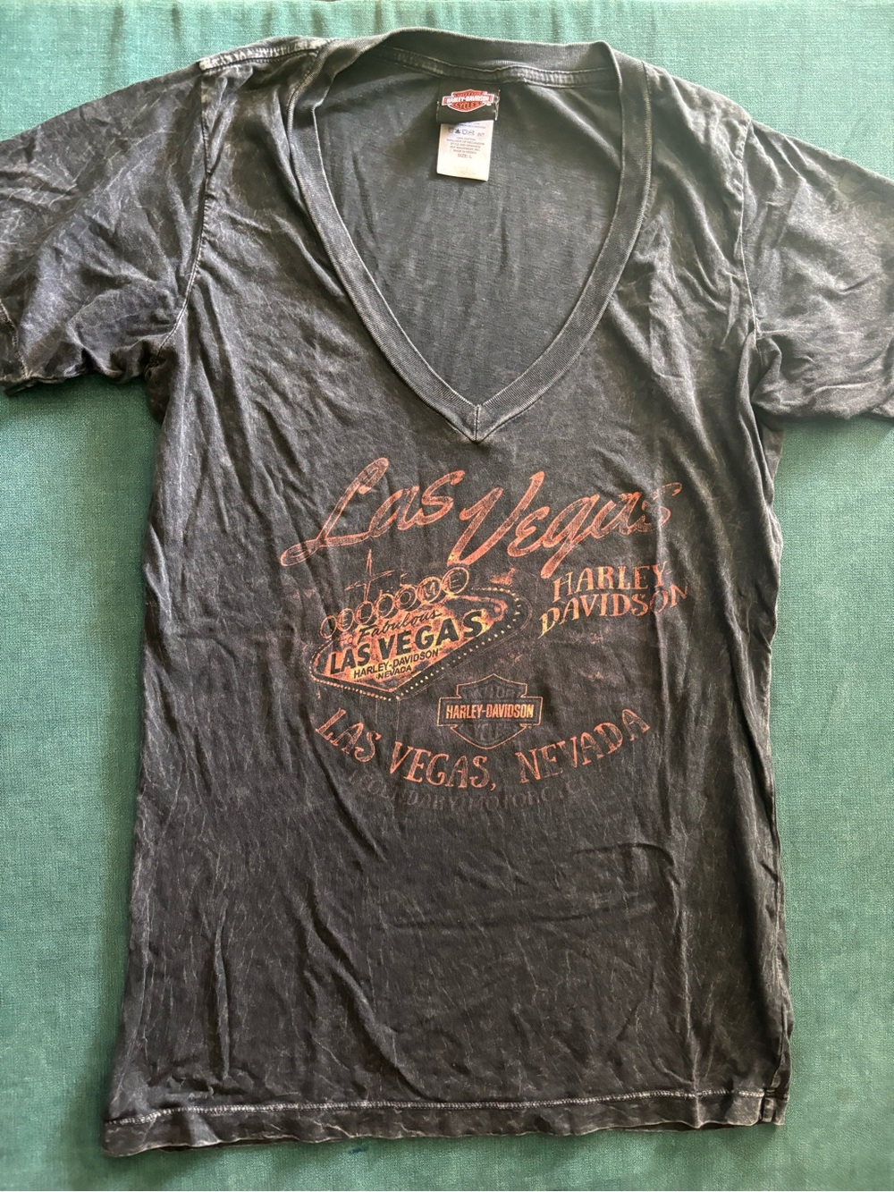 Harley-Davidson Black V-Neck Tee with Orange Las Vegas Graphic
